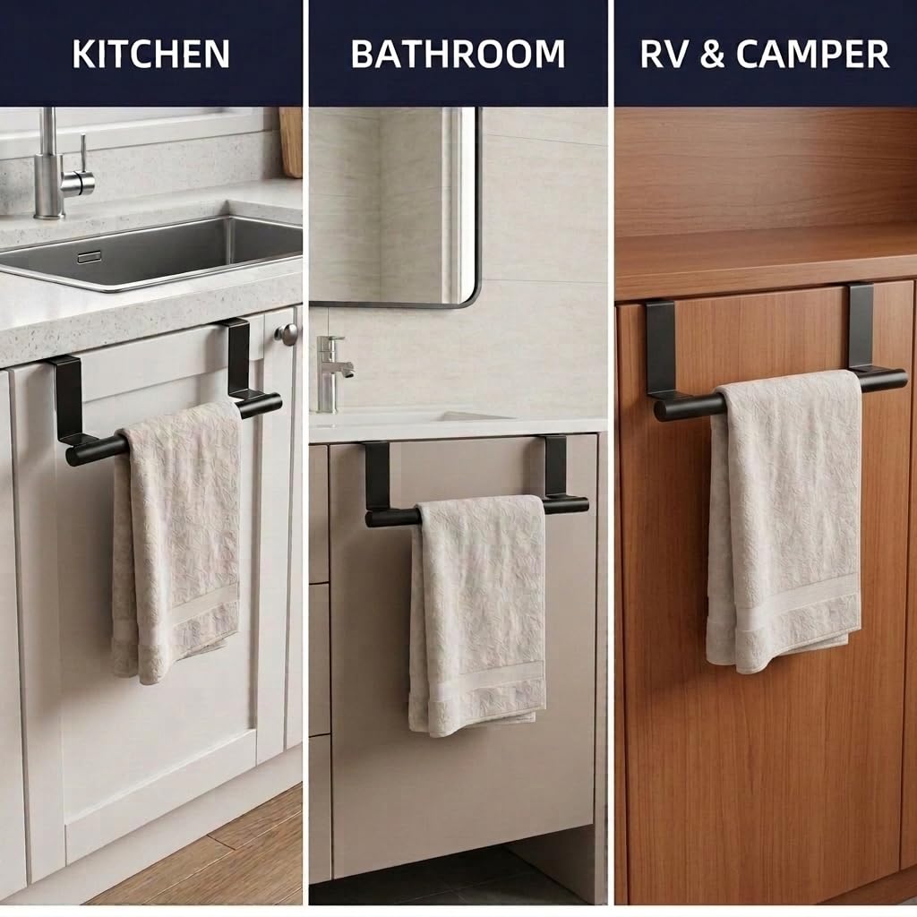 Qflushor Cabinet Door Towel Bar, Kitchen Towel Holder, Matte Black 2 Pack