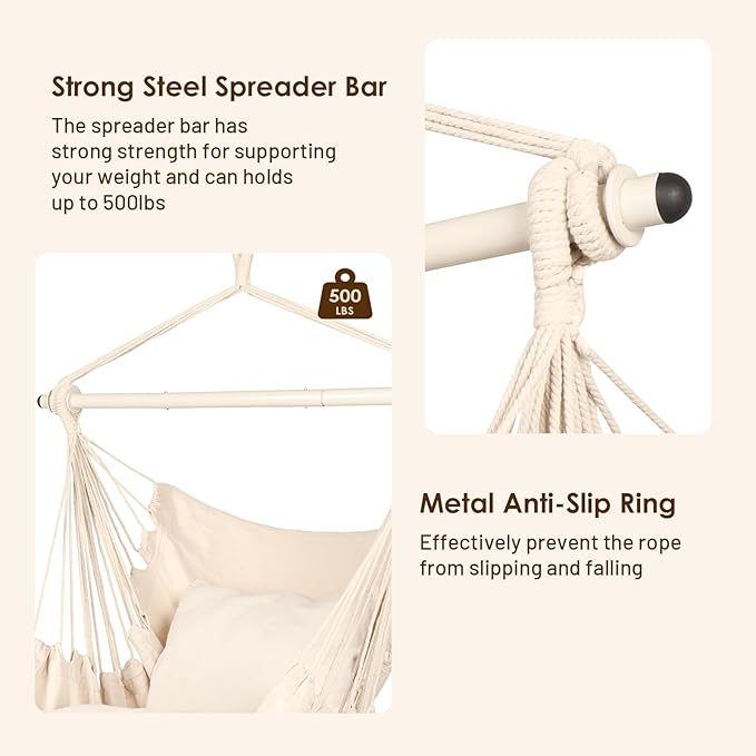 Highwild Hammock Chair Hanging Rope Swing - Max 500 Lbs - 2 Cushions Included - Steel Spreader Bar with Anti-Slip Rings - for Any Indoor or Outdoor Spaces (Beige)