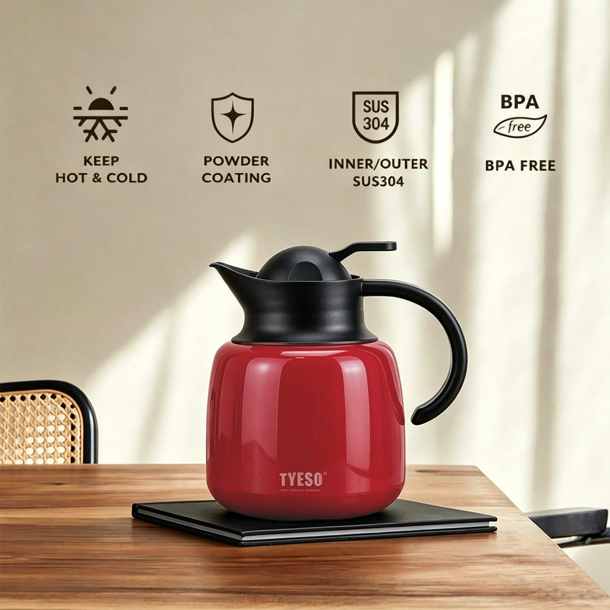 TYESO Vacuum Insulated pot, Portable Stainless Steel Tea/Coffee Pot with Strainer, Storage, for Tabletop Use, with Strainer (RED, 34 oz)