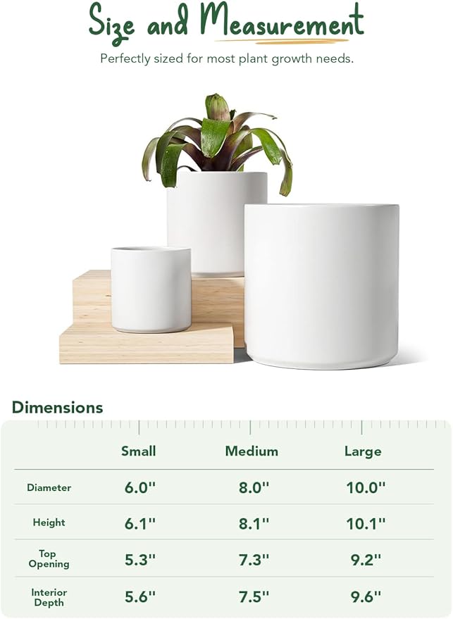LE TAUCI Ceramic Pots for Plants, 10+8+6 Inch Indoor Plant Pots, Modern Planters for Indoor Plants Home Office, Cylinder Round Planters with Drainage Hole and Plug, Set of 3, White