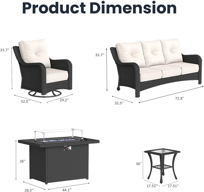 5 Pieces Outdoor Patio Furniture Sets with Rocking Swivel Chairs with 6-inch Thick Cushion and Fire Pit Table for Deck Lawn