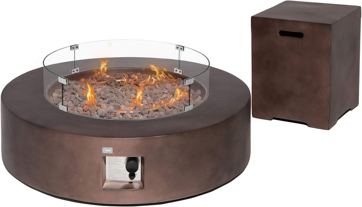 COSIEST 2-Piece Outdoor Propane Firepit Table Set w Tank Table, 42 inch Dark Fire Table CSA Certified, 50,000 BTU w Bronze Round Base,Wind Guard and 16 inches Tank Side Table 20lb for Garden,Pool