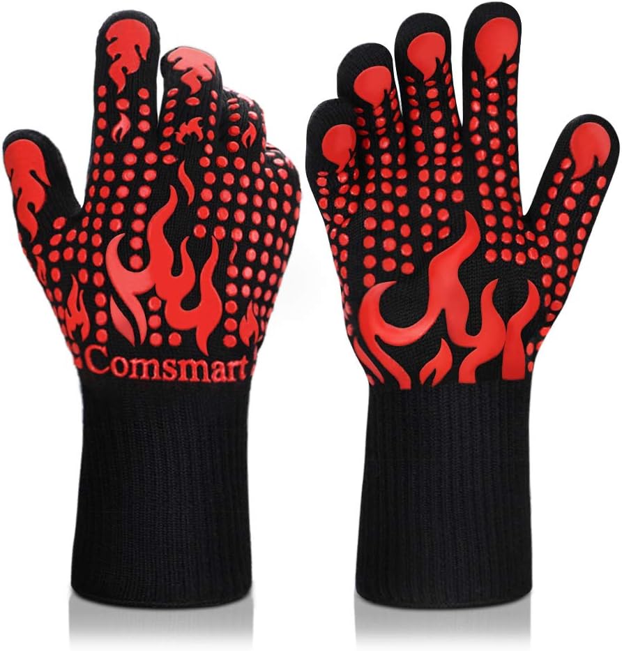 Comsmart BBQ Gloves, 1472 Degree F Heat Resistant Grilling Gloves Silicone Non-Slip Oven Gloves Long Kitchen Gloves for Barbecue, Cooking, Baking, Cutting