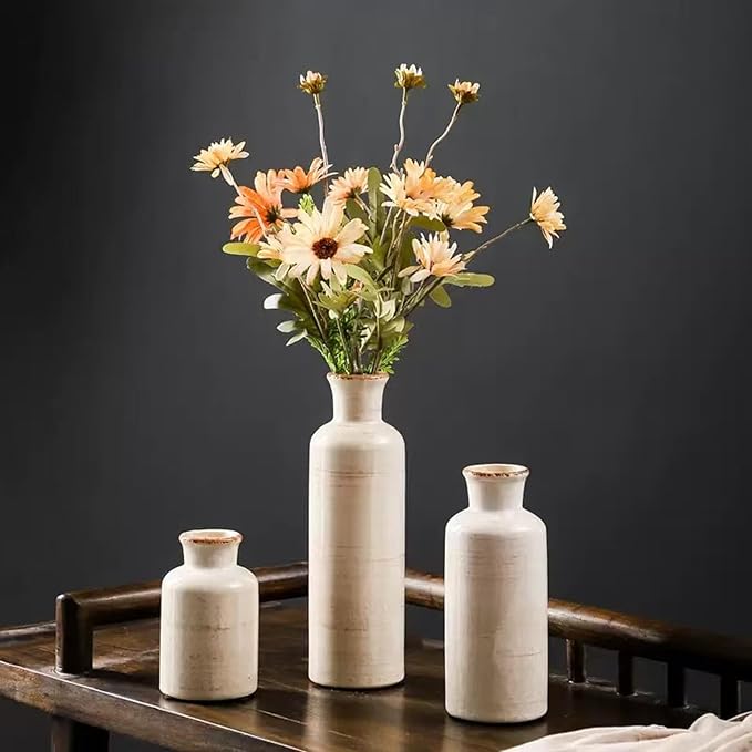 Ceramic Vase Set of 3,Modern Small Vase for Flowers,Rustic Vintage Ceramic Flower Vases for Home Decor,Decorative Vases for Table Centerpiece,Bookshelf,Fireplace and Entryway