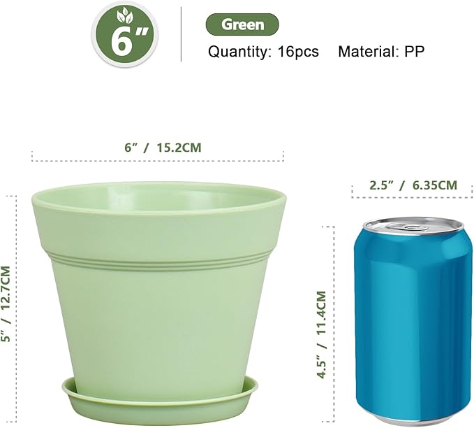 6 inch Plastic Nursery Pots, 16 Pack Plant Pots for Small Indoor Outdoor Plants, Flower Pots with Drainage Holes and Saucers, Decorative Seeding Starter Planters for Houseplants, Green
