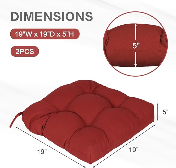 Aoodor 19" x 19" x 5" Tufted Outdoor Chair Cushions, Water Resistant & Fade Resistant Polyester Dining Chair Pads with 2 Straps for Patio Furniture, Set of 2