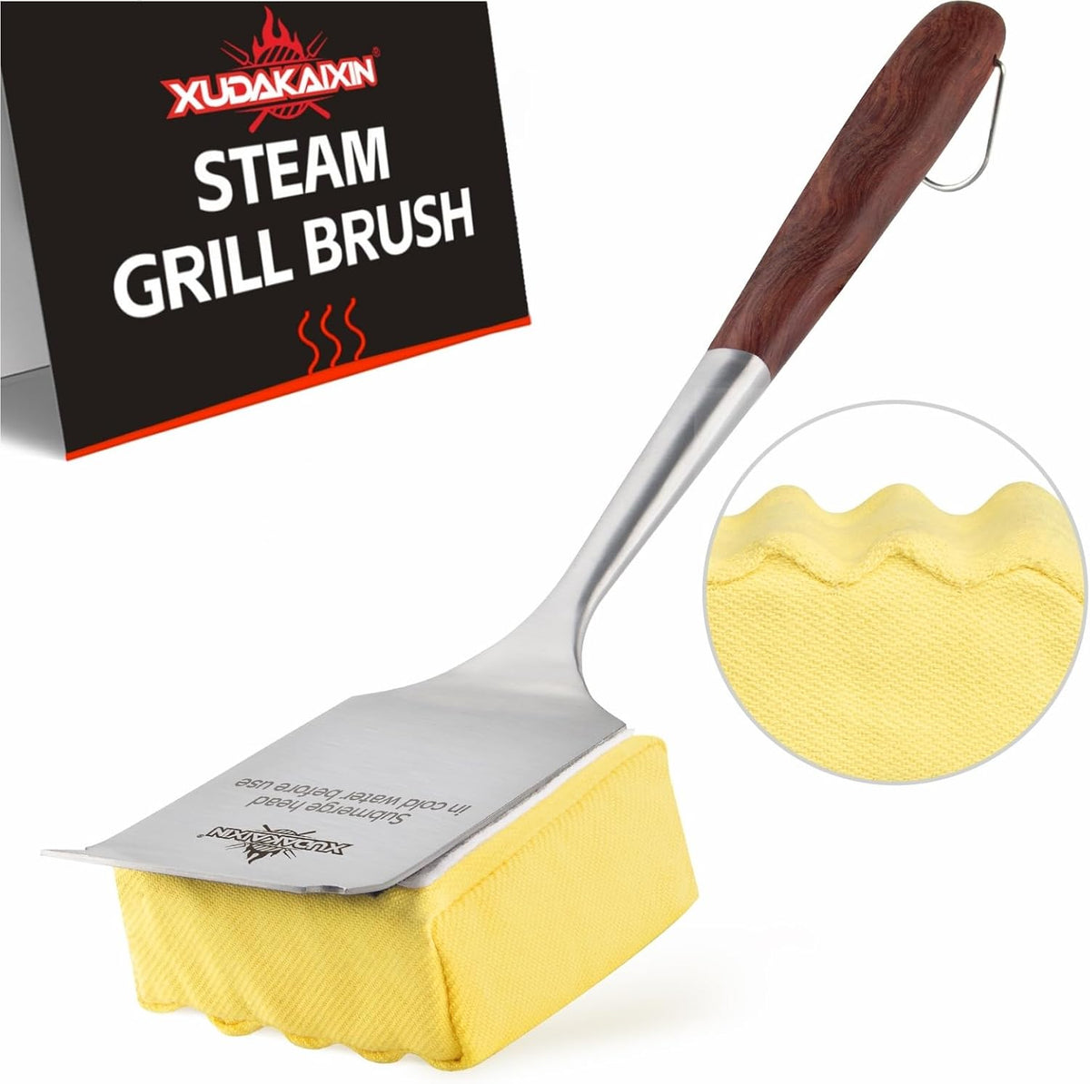 Bristle-Free Steam Grill Brush,with Extended Luxurious Rosewood Handle,Unique Seamless-Fit Scraper Tool,BBQ Replaceable Cleaning Head,Grill Cleaner for Outdoor Grill,Gifts for Men/Dad ﻿
