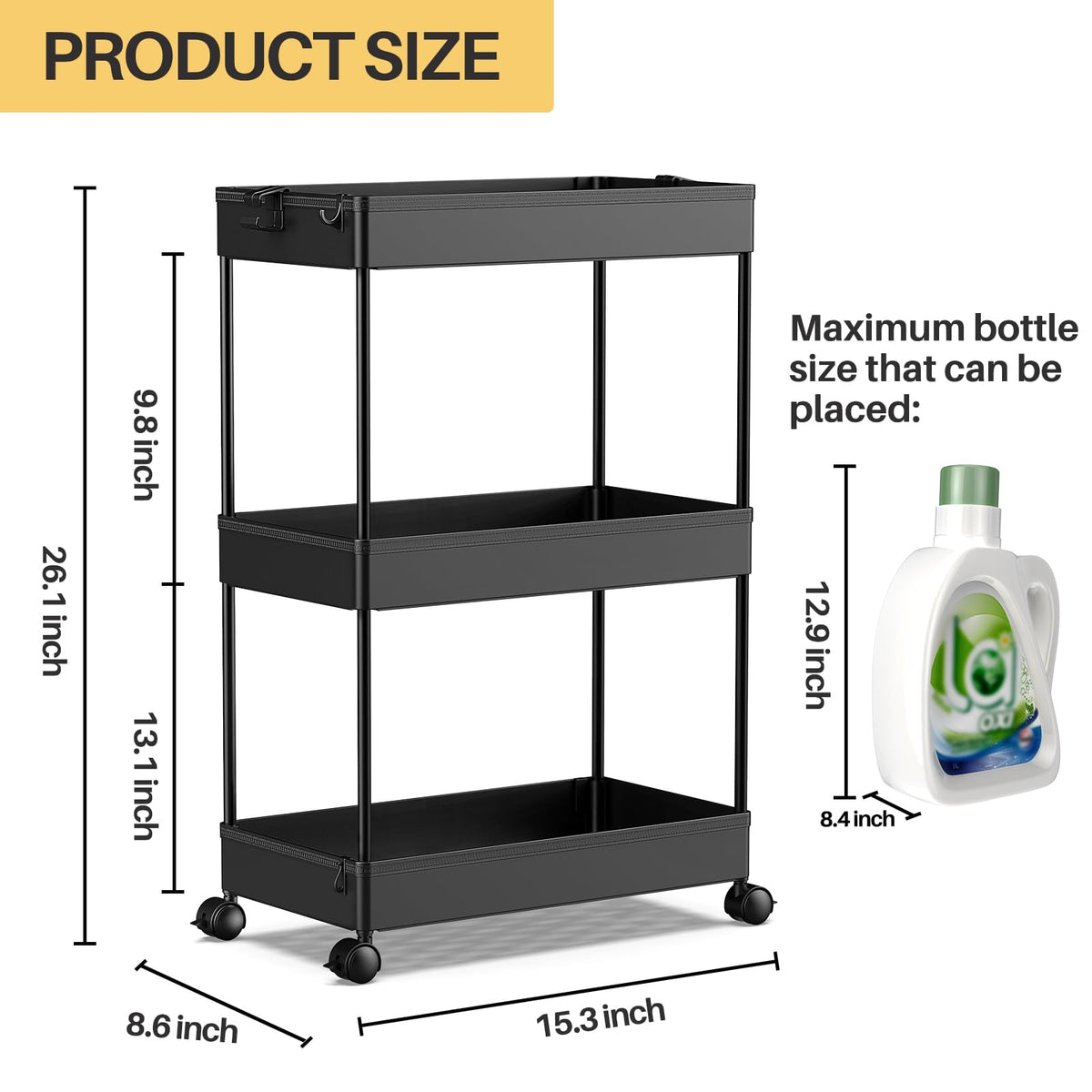 SPACEKEEPER 3 Tier Rolling Cart, Bathroom Cart Organizer with Wheels, Black