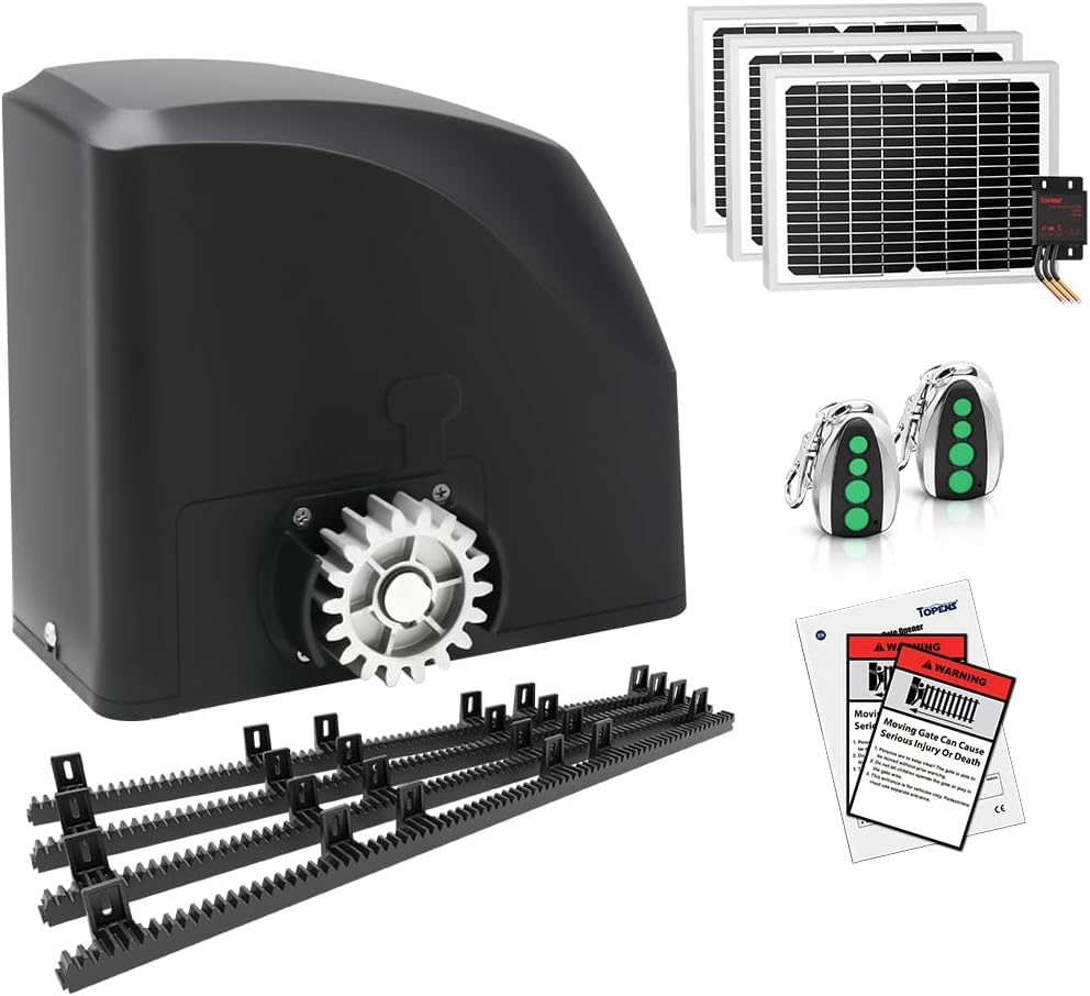 TOPENS DKR500ST Solar Sliding Gate Opener Rack Drive Automatic Gate Motor for Heavy Driveway Slide Gates Up to 1300 Pounds, Electric Gate Operator Battery Powered with Solar Panel Remote Control Kit
