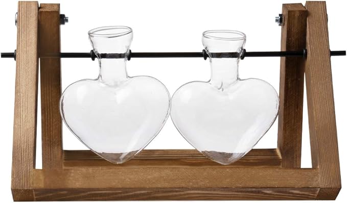 Kingbuy Glass Desktop Planter with Retro Wooden Stand and Plant Terrarium Vase (2 Hearts) for Indoor Home Office Desk Decor Accessories