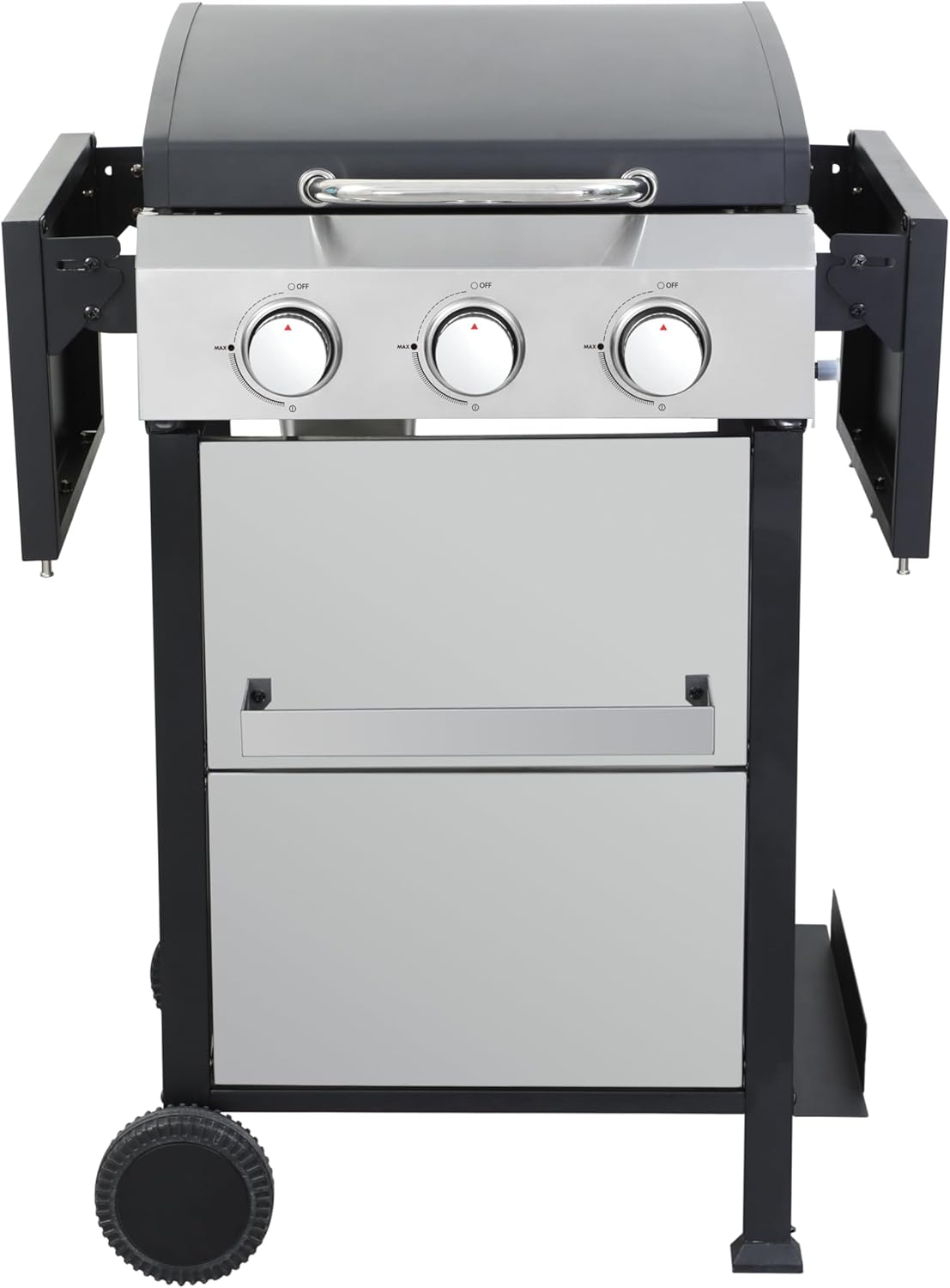 3-Burner Propane Gas BBQ Grill with SS Plancha, 36,900 BTU Output, Wire Enamel Grids, Foldable Side Table and Hanging Basket, Stainless Steel Grill for Patio Use