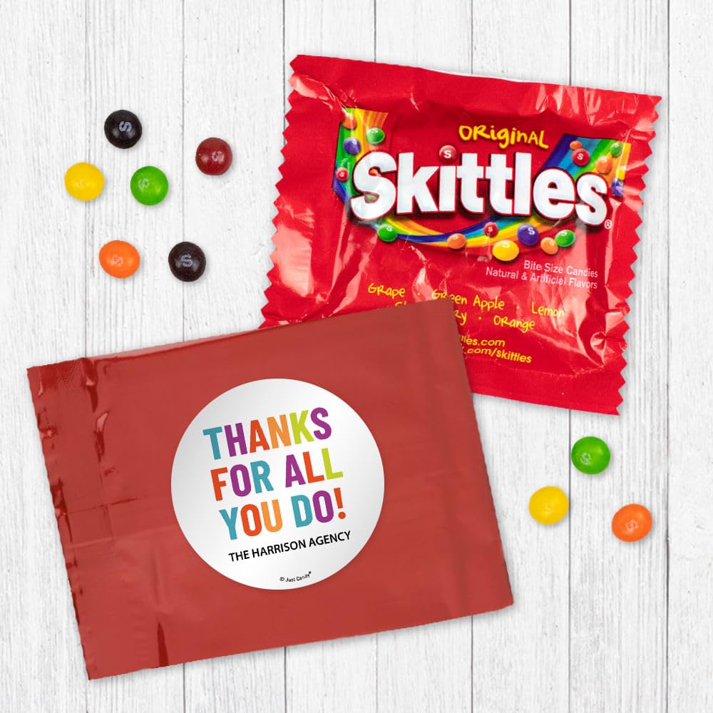 12 Pack Thanks For All You Do Personalized Candy Favor Bags Filled With Coated Fruit Chew Minis For Corporate Favors, Event Giveaways, Thank You Gifts