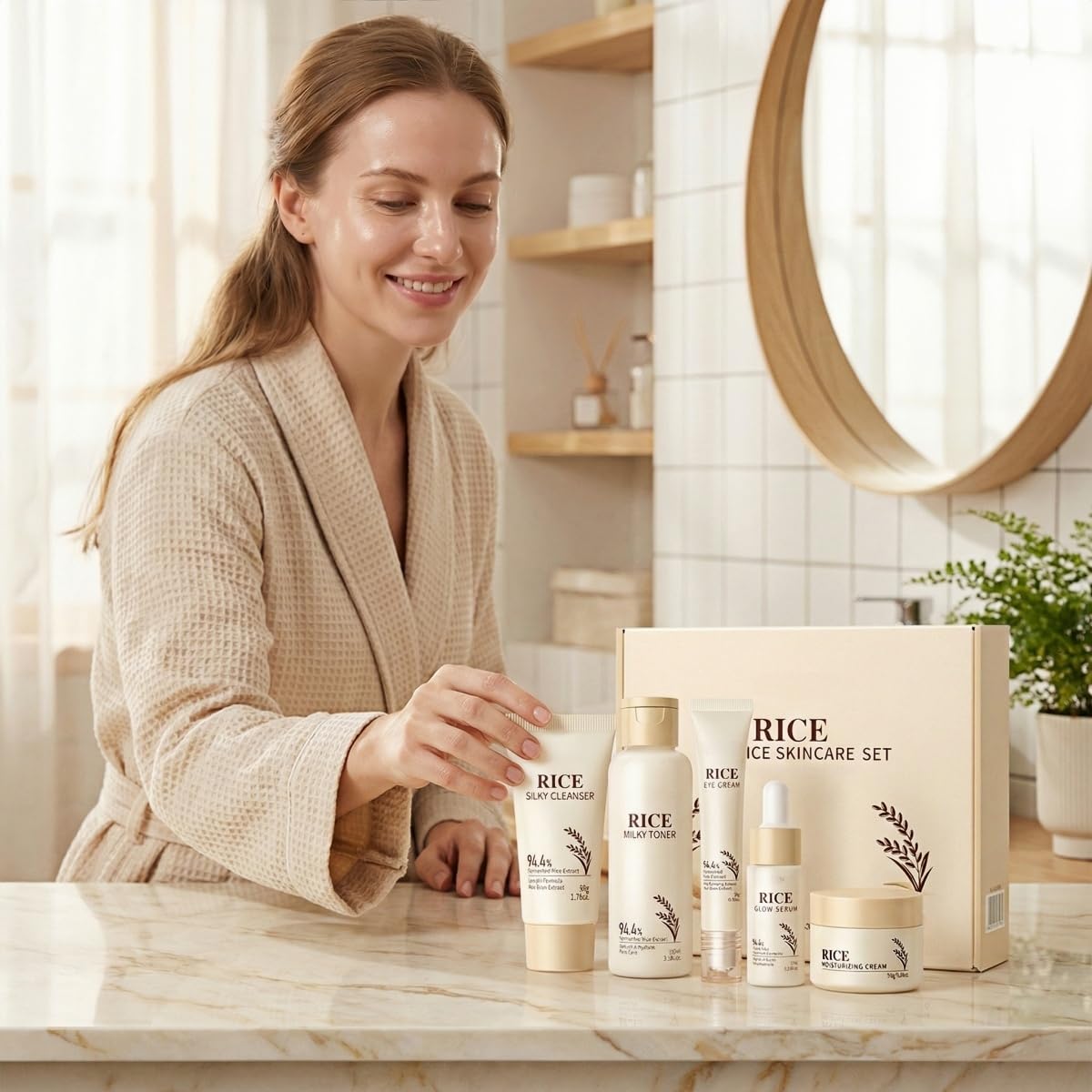 Korean Skin Care Set with Rice, 5-Step Facial Kit for Women
