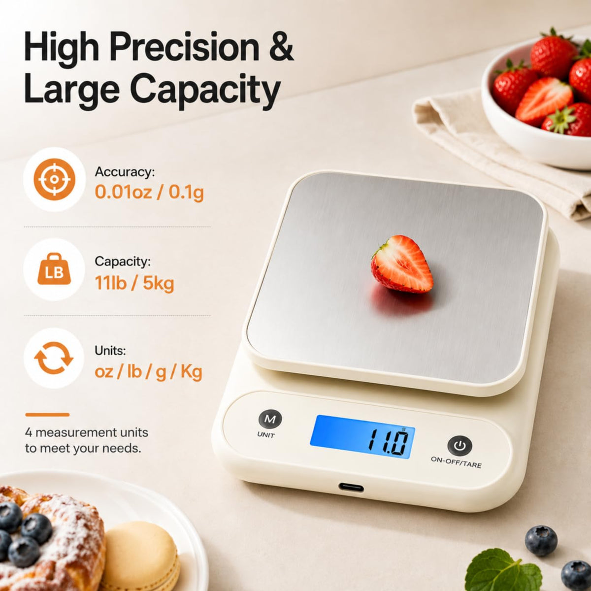 Meilen Digital Food Scale for Kitchen Grams and Ounces 11lb/0.1oz, 5kg/0.1g