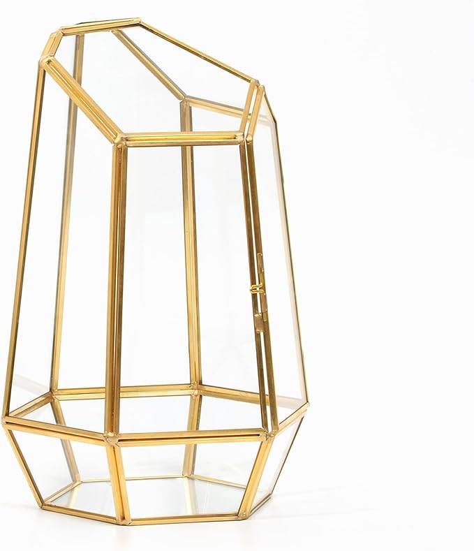 Golden Geometric Glass Terrarium with Door - 9.8" Tall Irregular Clear Planter for Succulents,Ferns,Moss,Cacti | Indoor Fairy Garden,Tabletop Display,Wedding Home Decoration (Plants Not Included)