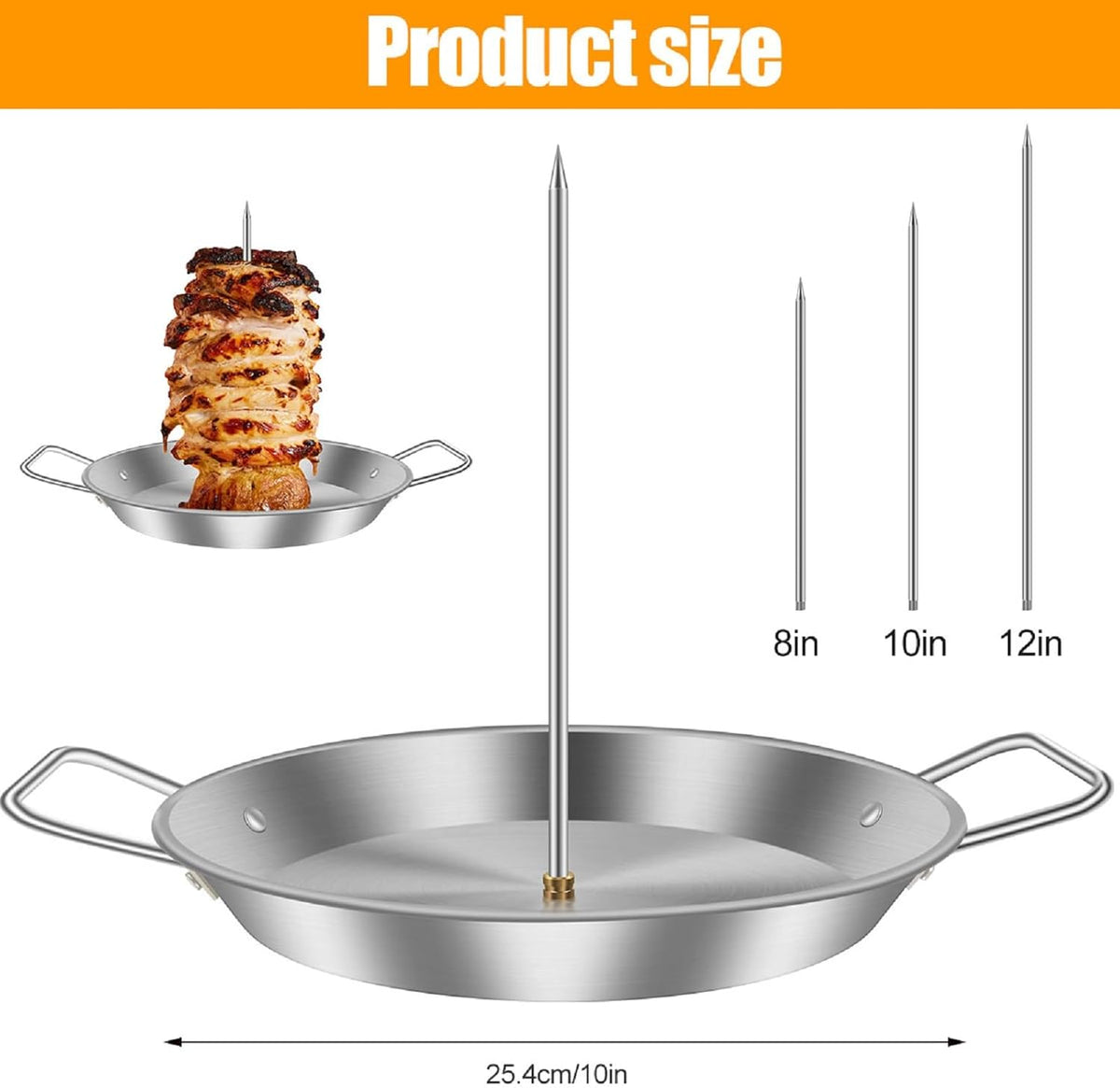 Vertical Skewer Pan, BBQ Skewer for Al Pastor, Stainless Steel Vertical Spit Stand with 3 Removable Spikes (8" / 10" / 12") for Oven Grill Use, for Shawarma Kebabs Tacos Barbecue Dishes