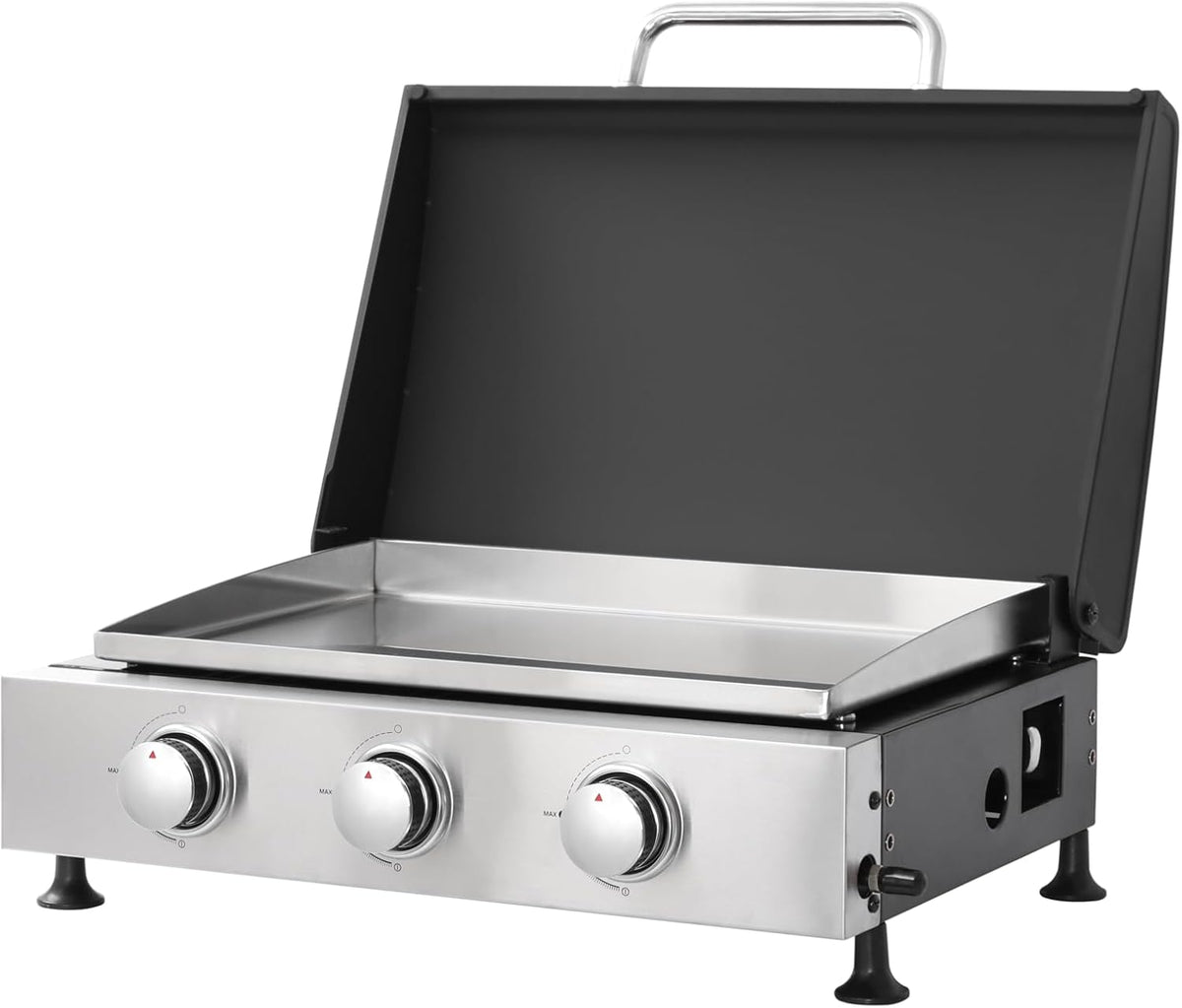 3-Burner Propane Gas BBQ Grill with SS Plancha, 28,650 BTU Output, Wire Enamel Cooking Grids, Heavy-Duty Stainless Steel Grill