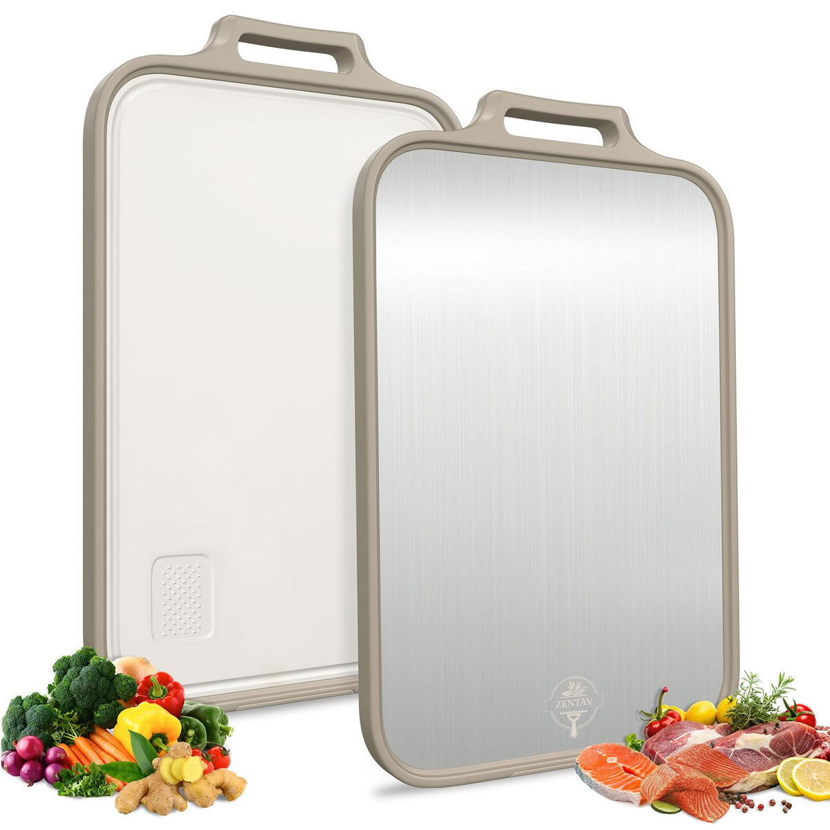 ZENTAV Single Stainless Steel Cutting Board Food Prep - 17" x 11" Double Sided Metal Cutting Board with Wheat Straw Side, Non-Slip Base, Built-in Shredder, Juice Groove & Stand