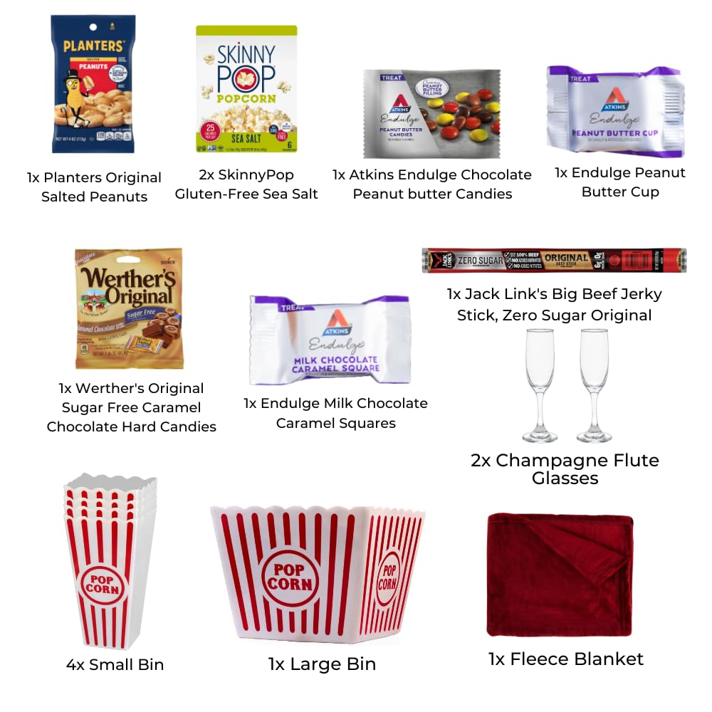 Movie Night Popcorn and Candy Gift Basket - Perfect for a Cozy Graduation Celebration Evening at Home or the Theater with Family and Friends (Keto