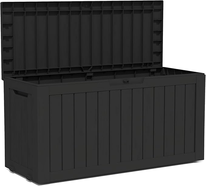 90 Gallon Lockable Resin Deck Box with Wheels, Waterproof & UV-Resistant Outdoor Storage Box for Outdoor Cushion Storage, Garden Tools & Pool Accessories Storage, Black
