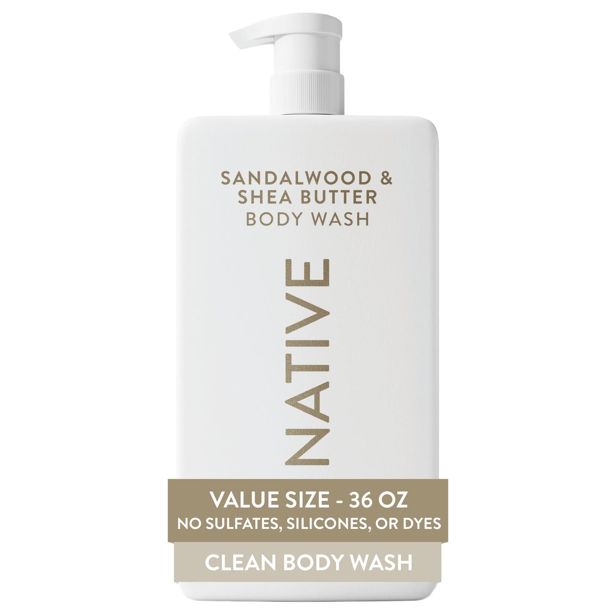 Native Clean Body Wash, Gentle & pH-balanced for Sensitive Skin, 24-Hr Freshness for Women & Men, Vegan & Cruelty-Free, Free of Sulfates, Parabens & Phthalates, Sandalwood & Shea Butter, 36 oz