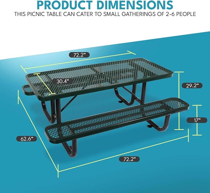6 ft. Rectangular Outdoor Steel Picnic Table with Umbrella Pole, Heavy-Duty Weather-Resistant Dining Table for Patio, Backyard, and Garden, Rust-Resistant Finish, Green