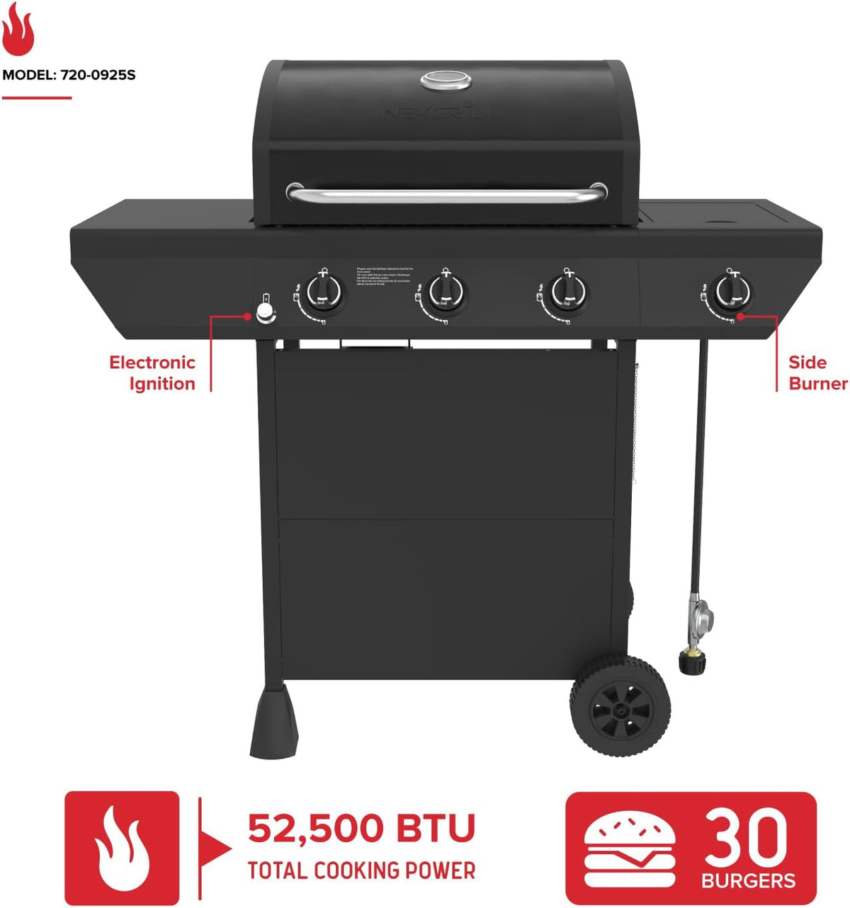 Nexgrill 3-Burner Propane Gas Grill with Side Burner, 52,000BTUs, 418 SQ. In. Cooking Space, BBQ Grill with Durable Steel Lid & Control Panel for Outdoor Cooking, Patios, and More - 720-0925S
