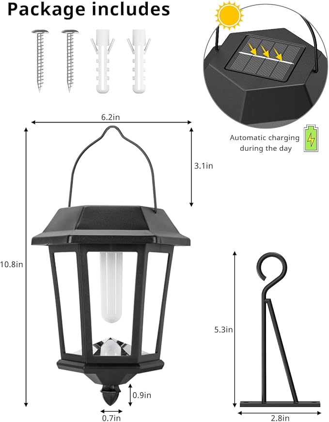 Solar Lanterns Outdoor Waterproof, Hanging Solar Lights with Glass Shade - 2 Pack LED Metal Wall Mount Outdoor Light for Yard/Garden/Patio - Flame