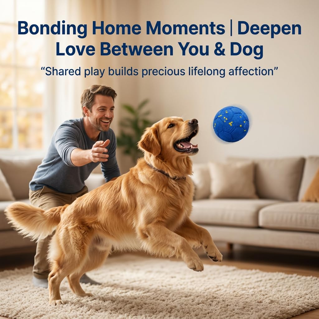 SOVELIVEE Interactive Dog Ball, Self-Rebounding Indoor Dog Toy for Small and Medium Dogs, Soft Textured Pet Play Ball for Home Engagement, Lightweight Dog Ball, Blue