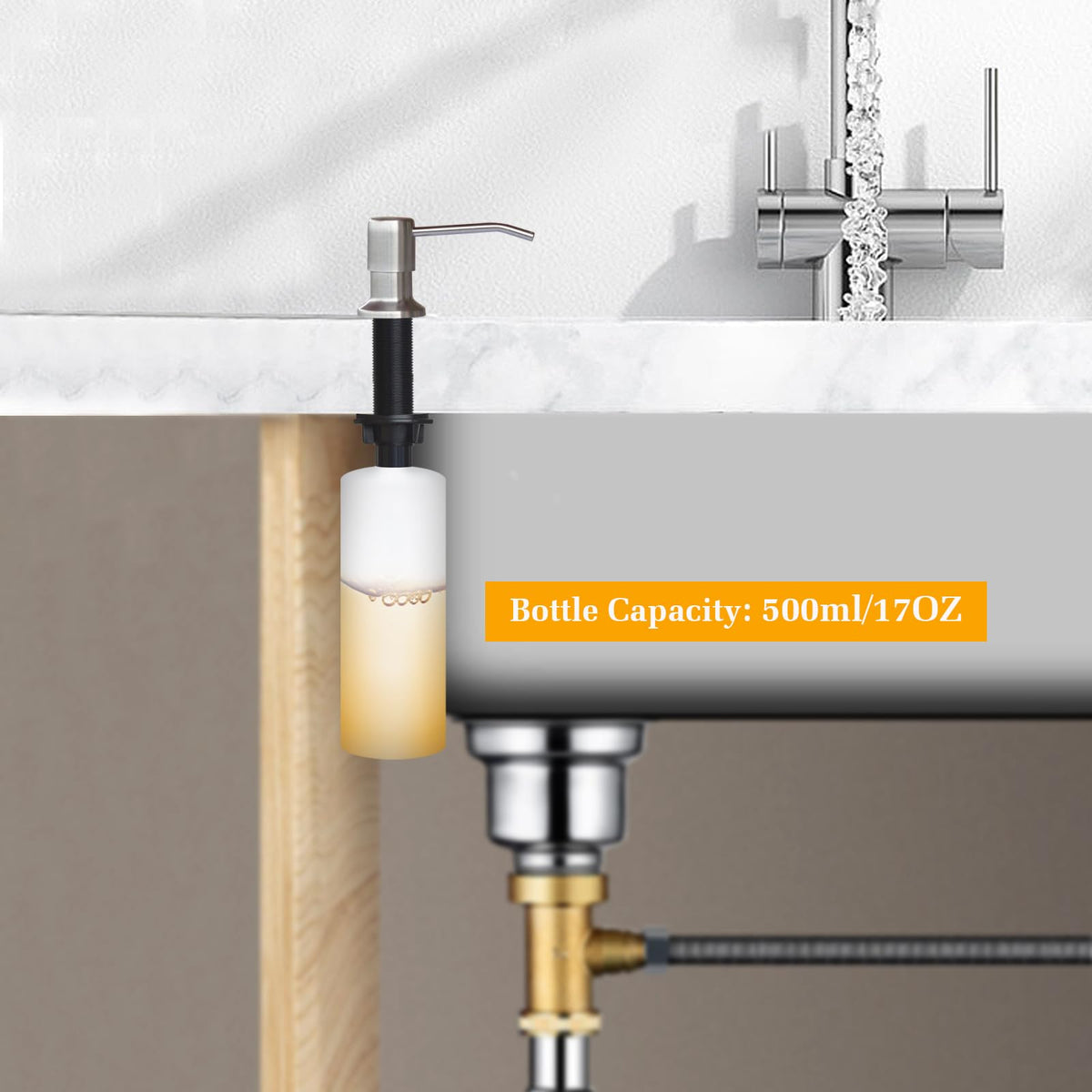 Soap Dispenser for Kitchen Sink, Built in Sink Soap Dispenser Lotion Dispenser with 17 OZ Bottle, Refill from The Top Bar Sink Soap Dispenser, Brushed Nickel (1 Pack)
