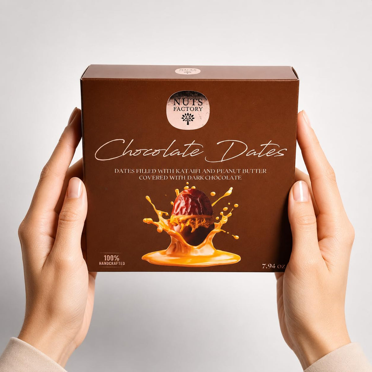 Nuts Factory Chocolate Dates - Dark Chocolate Covered Dates with Kataifi & Peanut Butter Filling, Gourmet Stuffed Date Dessert Treats
