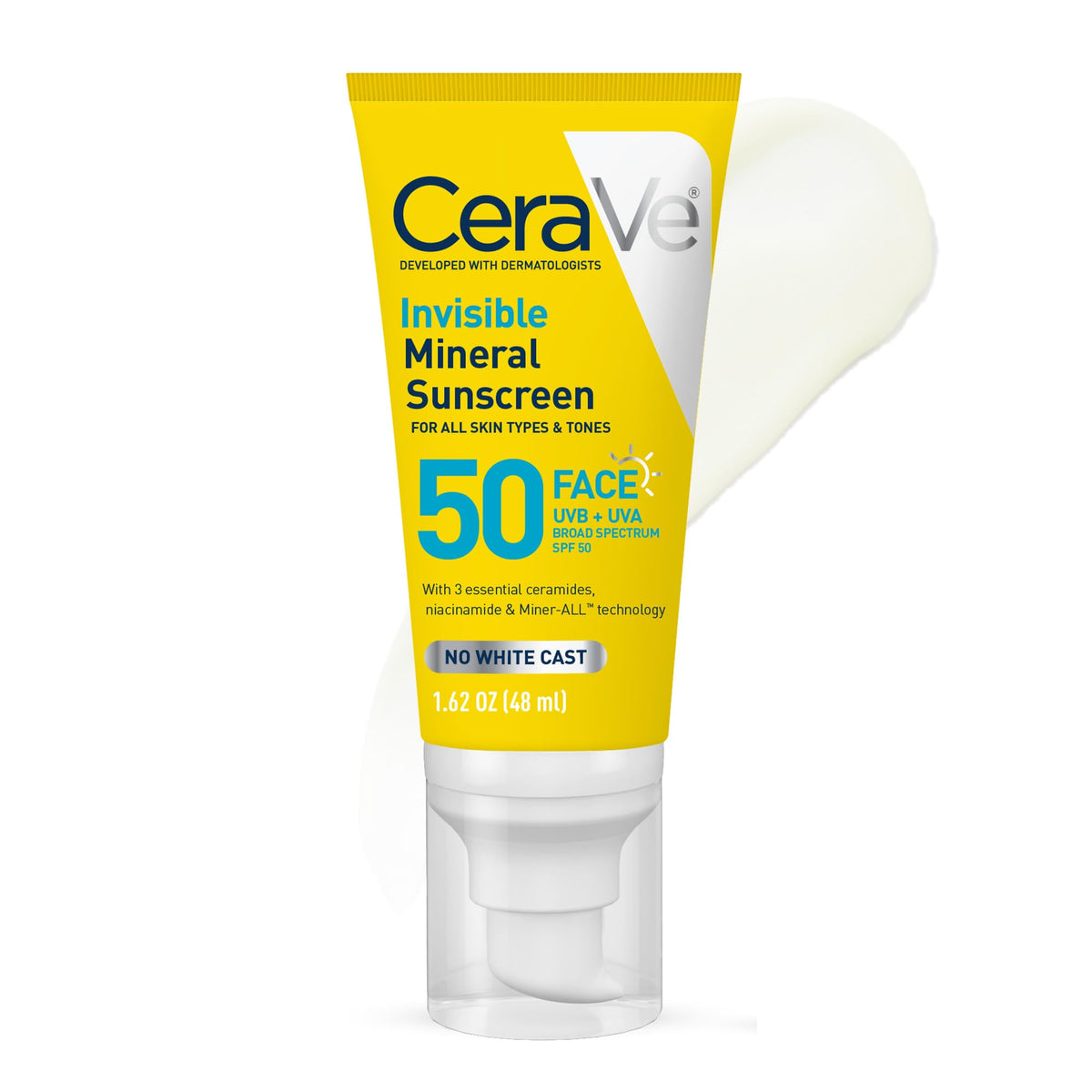 CeraVe Invisible Mineral Sunscreen SPF 50, Face Sunscreen, 1.62oz