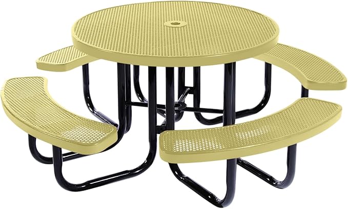 Heavy-Duty Portable Outdoor Picnic Table with Umbrella Hole, Punched Steel Commercial-Grade Patio Dining Furniture Made in America (46" Round Top, Textured Sandstone)