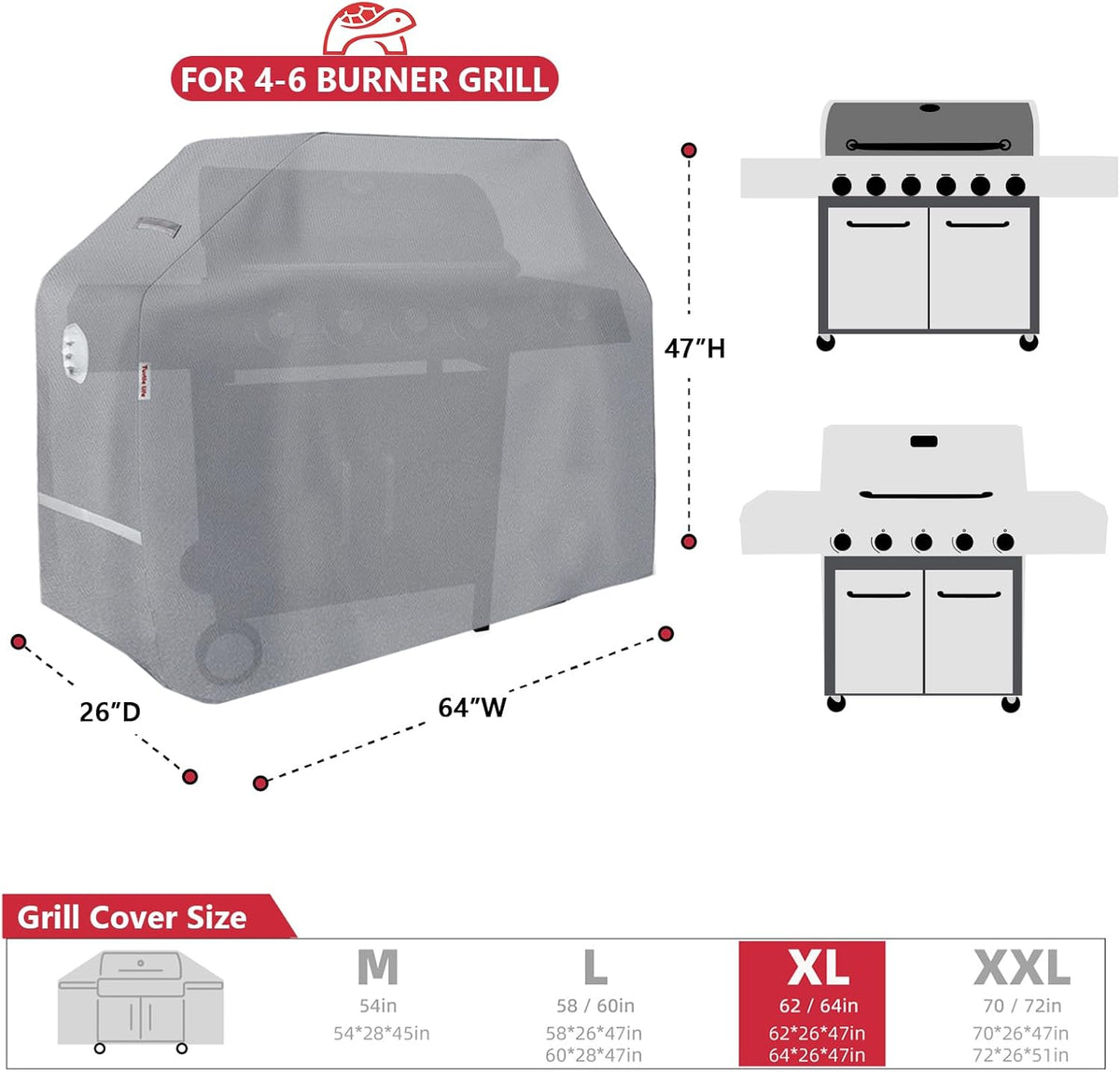 BBQ Grill Cover, 64 Inch Heavy Duty Waterproof 4-6 Burner Barbecue Gas Grill Covers for Weber Genesis Char-Broil Brinkmann, Gray