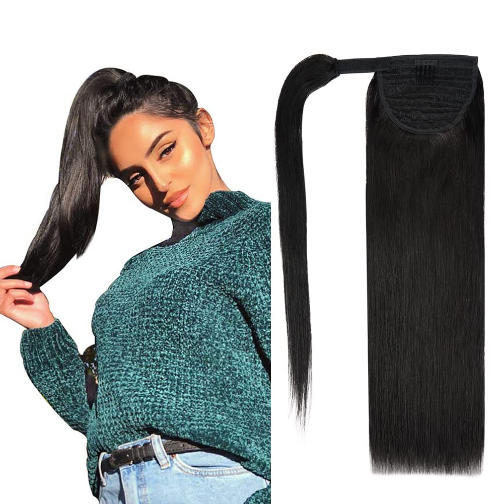 16'' Human Hair Ponytail Extension 75G #1B Natural Black 100% Remy Human Hair Wrap Around Long Ponytail Clip In Hair Extensions