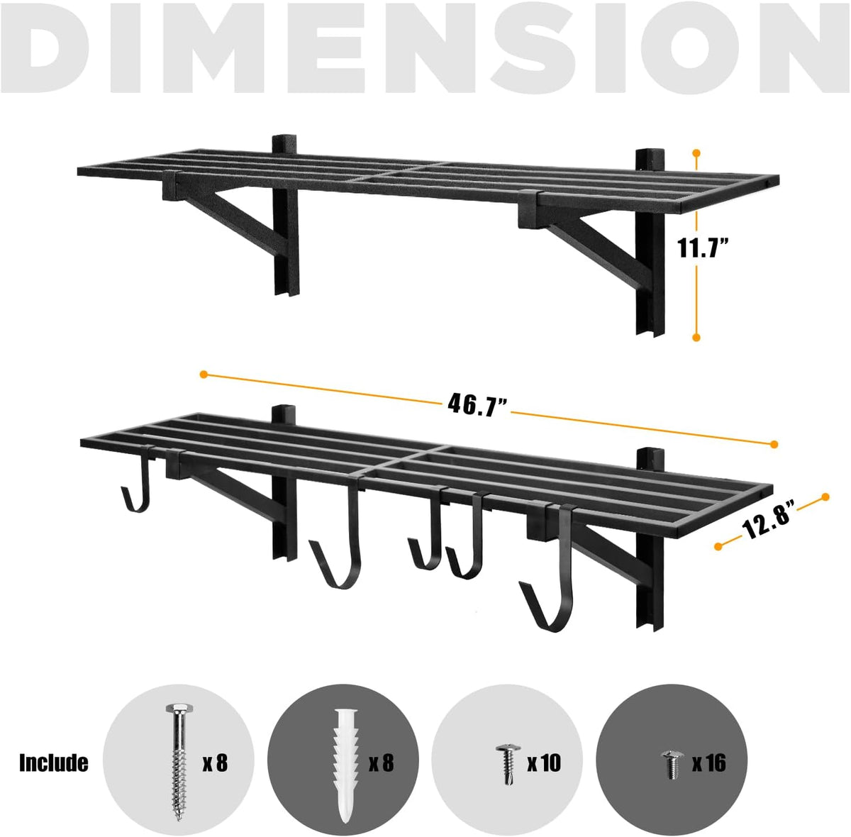 2 Pack Heavy Duty Garage Wall Shelving, 1' x 4' Wall Mount Storage, Holds 200 lbs Each, Garage Shelving Wall Mounted, Storage Rack with Hooks (Black)