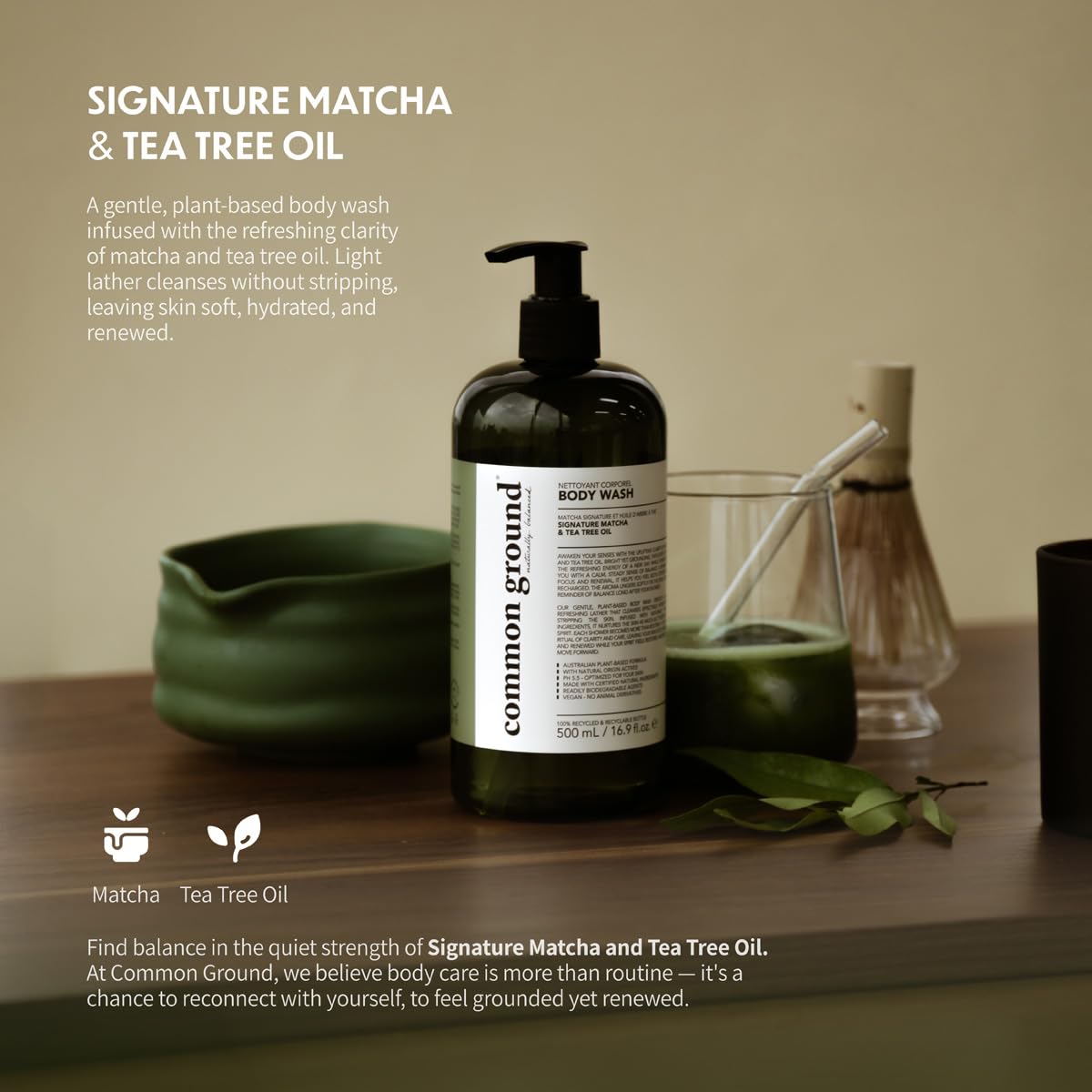 COMMON GROUND Natural Tea Tree Body Wash, Matcha Scent, Sensitive Skin