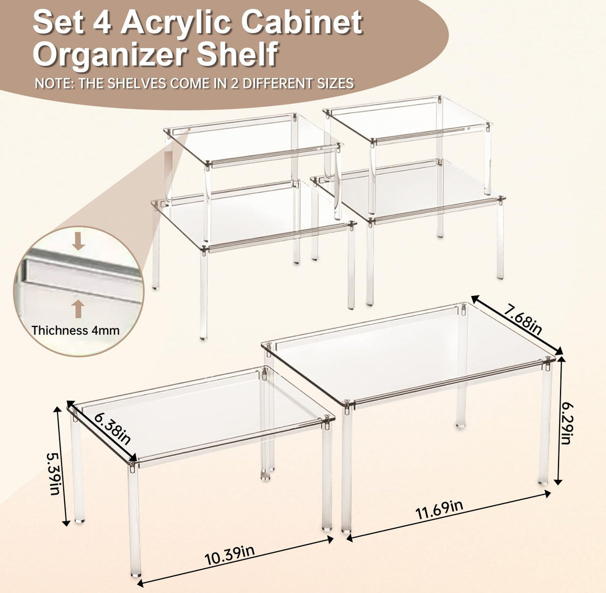 Clear Kitchen Cabinet Organizer, Set of 4 Acrylic Shelves, Spice Rack for Pantry Organizers and Storage, Tiered Spice Organization for Cabinet, Stackable Cabinet Organizer Shelf for Desk Countertop