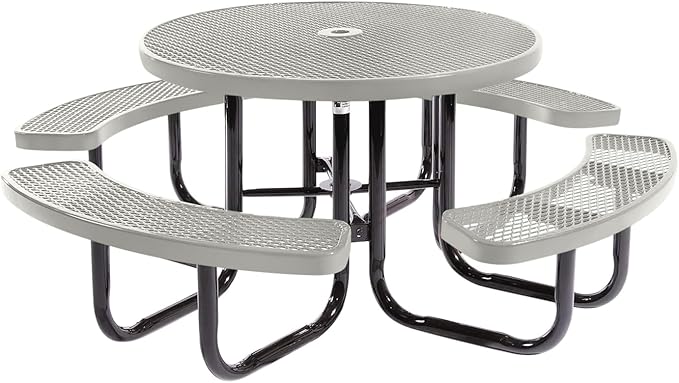 Coated Outdoor Furniture Heavy-Duty Portable Outdoor Picnic Table with Umbrella Hole, Expanded Metal Commercial-Grade Patio Dining Furniture Made in America (46" Round Top, Grey)