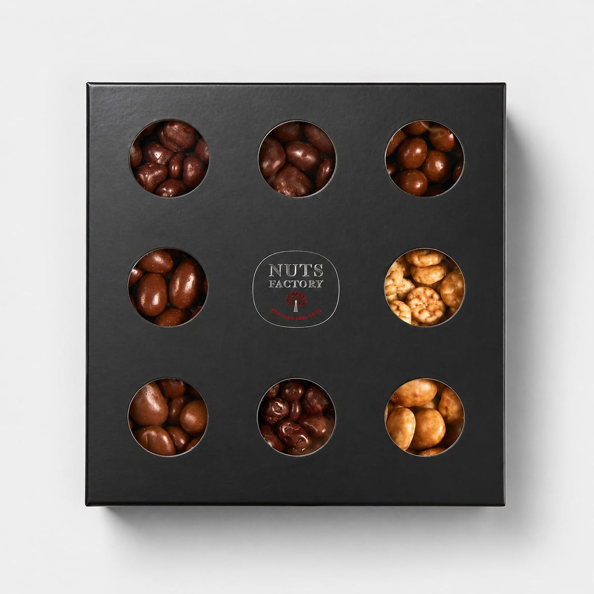 Nuts Factory Premium Chocolate Covered Nuts & Treats Gift Box, 9 Assorted Gourmet Flavors, Luxury Chocolate Gift Assortment for Birthdays, Holidays