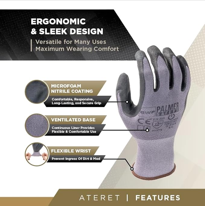 ATERET Work Gloves 12 Pairs Micro-Foam Nitrile Coated Safety Gloves, Seamless Knit Nylon Gloves Home Improvement General Use