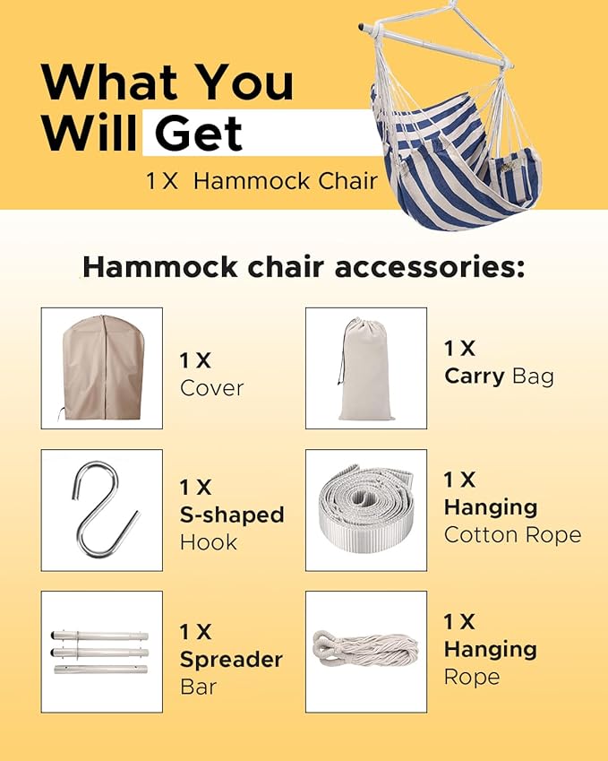ADVOKAIR Hammock Chair Swing & Cover Set (500 lbs Max) – Hanging Rope Swing for Bedroom, Outdoor, Patio, Porch with Sturdy Steel Bar & Anti-Slip Rings + All-Weather Rain Cover for Storage Protection