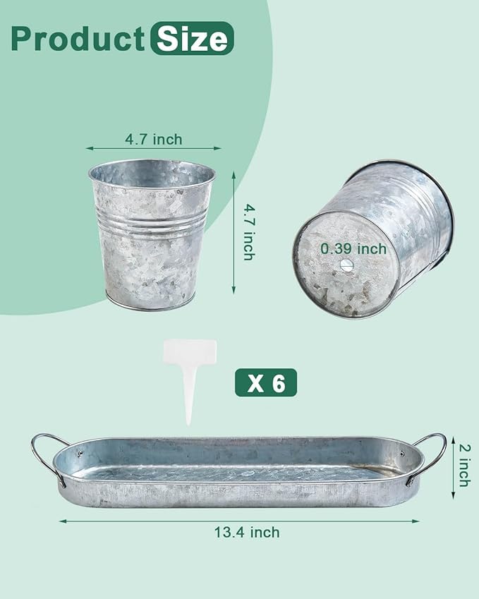 vensovo Indoor Herb Planter Set - Galvanized Windowsill Garden Pots with Tray & Drainage, Set of 3 Metal Window Planters for Kitchen & Outdoor Use, Silver