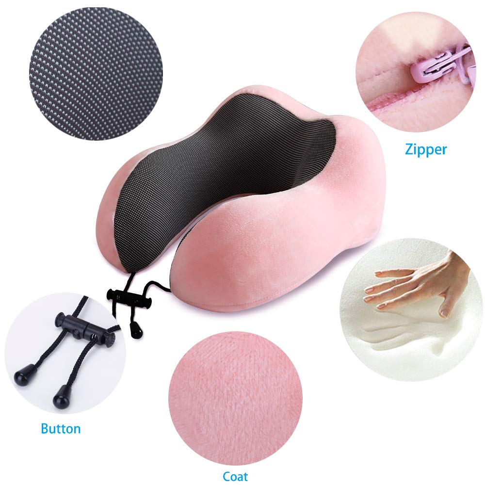 TALLGO Travel Pillow, Best Memory Foam Neck Pillow Head Support Soft Pillow for Sleeping Rest, Airplane Car & Home Use (Pink)