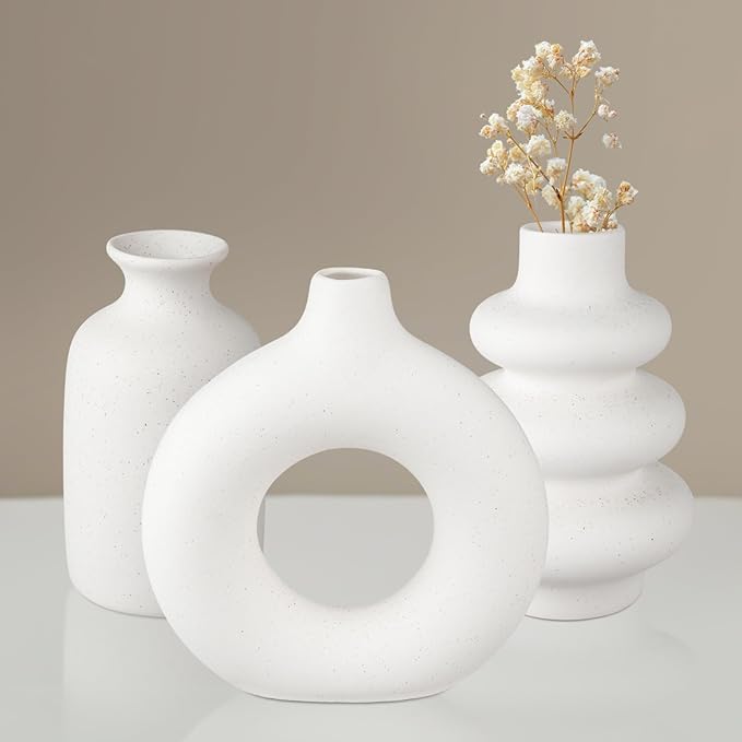 Ceramic Vase Set of 3, Small Flower Vase for Home Decor, Decorative Vases for Pampas Grass & Dried Flowers, Living Room, Bedroom, Bathroom, Shelf Centerpiece Table Decorations