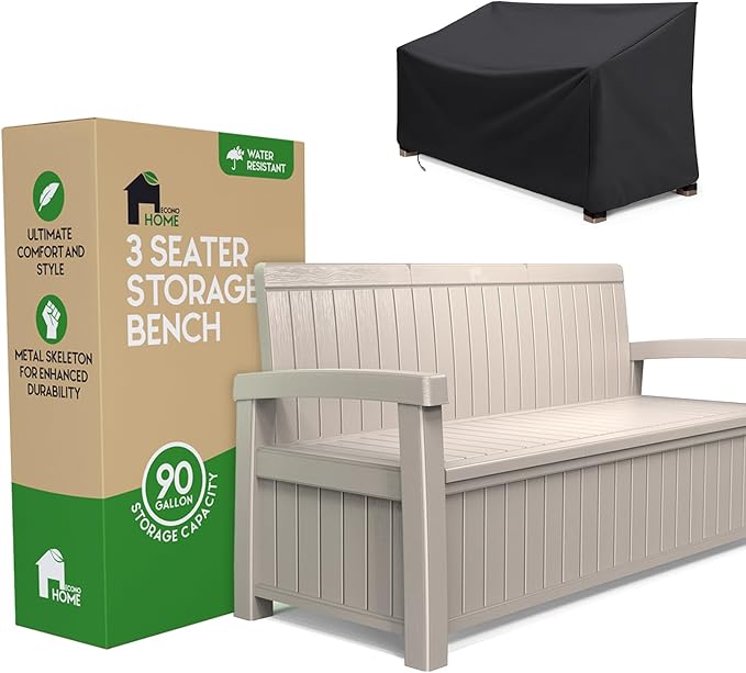 EconoHome 3 Seat Outdoor Storage Bench with Rain Cover - 90 Gallon Capacity - Weatherproof Resin Bench for Patio, Porch, Garden, Yard, Pool Area - Furniture for Pool Accessories, Gardening Tools