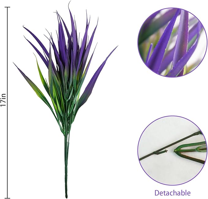 Uieke 12 Bundles Artificial Outdoor Plants UV Resistant Fake Grass Plants Faux Plastic Plants Greenery Shrubs for Home Garden Pathway Window Box Front Porch Cemetery Spring Summer Decor, Purple