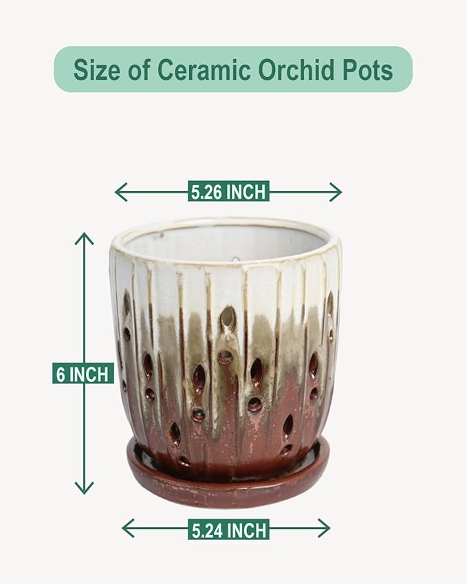 vensovo 6 Inch Ceramic Orchid Pot - Orchid Pot with Holes for Repotting, Ceramic Planter with Saucer for Indoor/Outdoor Plants, Brown