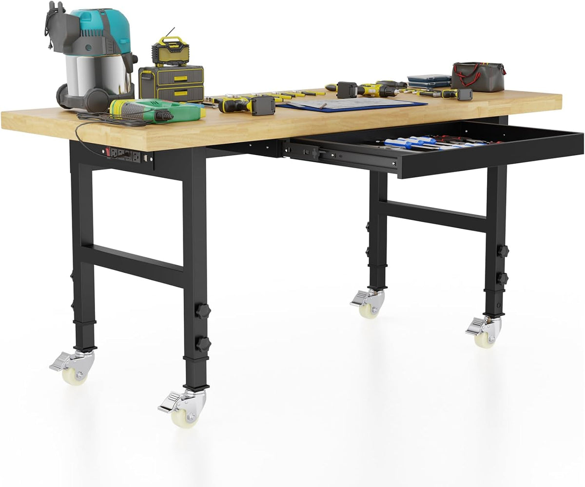 60'' Adjustable Workbench, Solid Wood Work Bench Table with Wheels and Power Outlet, Rolling Workbenchs with Drawers, Large Load Capacity Garage Workbench for Workshop,Office,Home