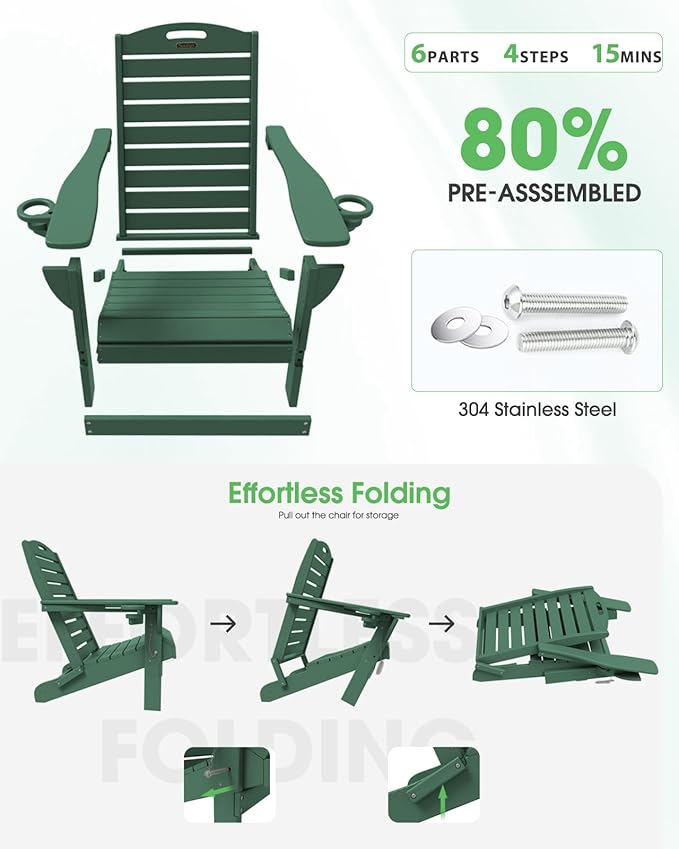 Adirondack Chairs Set of 2, Outdoor Fire Pit Chairs, HDPE All-Weather Adirondack Chairs with Cup Holder, Lawn Chair for Deck, Patio, Garden (Green)